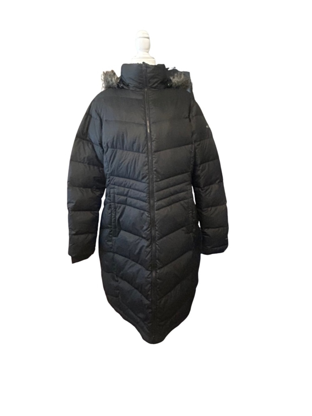Columbia Black Long Quilted Puffer Coat with Faux Fur Hood
